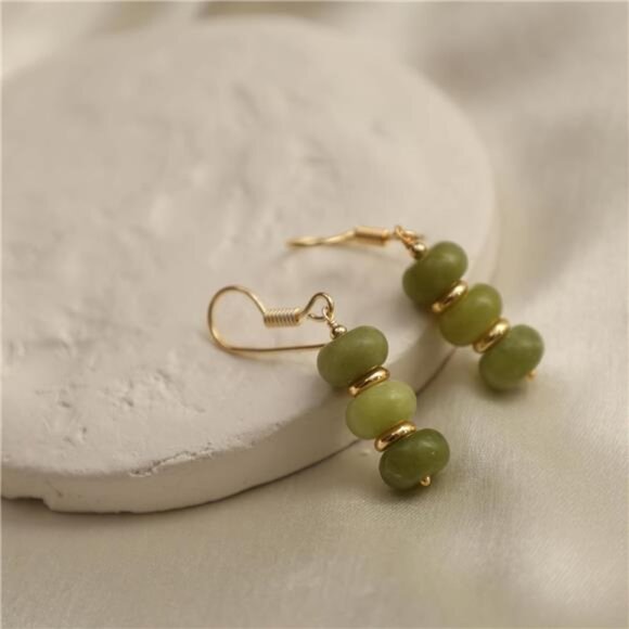 Green Opal Gemstone Dangle Earrings | Gold Plated Brass | Lightweight - Picture 3 of 5